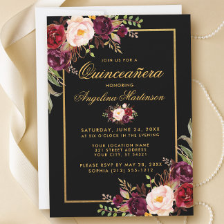 Elegantes Burgundy Floral Quinceanera Black Gold Einladung