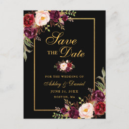 Elegantes Burgundy Floral Save the Date Black Gold Ankündigungspostkarte