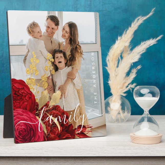 Elegantes Burgundy Floral Script Family Foto Fotoplatte (Seite)