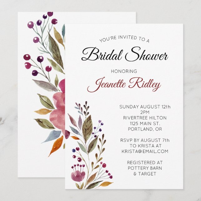 Elegantes Burgundy Floral Watercolor Brautparty Einladung (Vorne/Hinten)