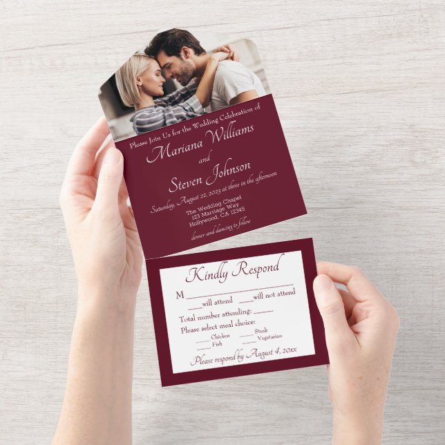 Elegantes Burgundy Foto Hochzeit Einladung (Abreißen)