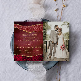 Elegantes Burgundy & Gold Agate Wedding Foto Dankeskarte