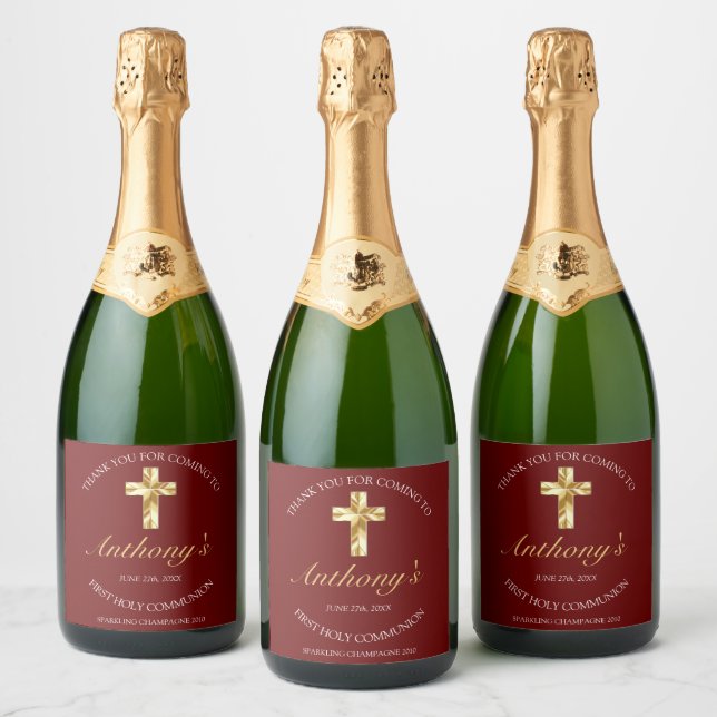 Elegantes Burgundy Gold Cross 1. Kommunion (Flaschen)