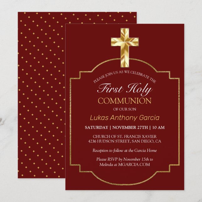 Elegantes Burgundy Gold Cross Erste Kommune Einladung (Vorne/Hinten)