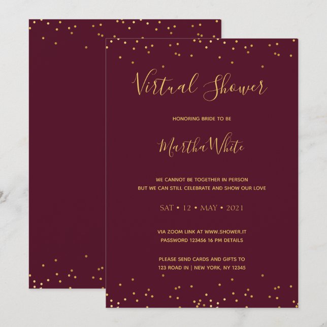 Elegantes Burgundy Gold Einfaches virtuelles Braut Einladung (Vorne/Hinten)