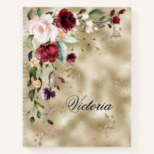 Elegantes Burgundy Gold Floral Personalisiertes Sk Notizbuch