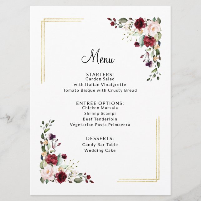 Elegantes Burgundy Gold Foil Menükarte (Vorderseite)