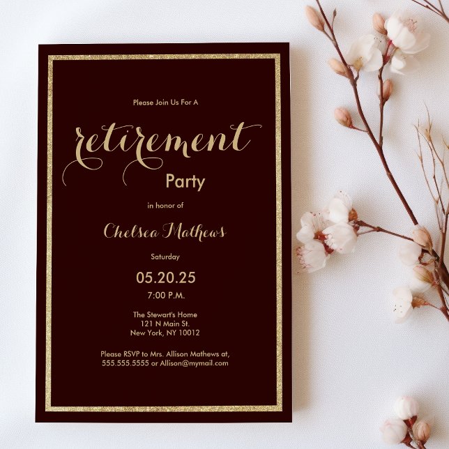 Elegantes burgundy gold Glitzer Retirement Party Einladung (Elegant burgundy gold glitter Retirement Party)
