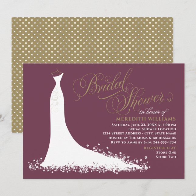 Elegantes Burgundy Gold Wedding Gown Brautparty Einladung (Vorne/Hinten)