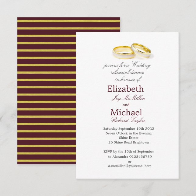 Elegantes Burgundy Gold Wedding Probe Dinner Einladung (Vorne/Hinten)