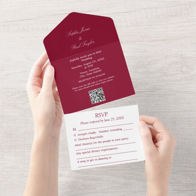 Elegantes Burgundy in einer Hochzeit All In One Einladung (Abreißen)