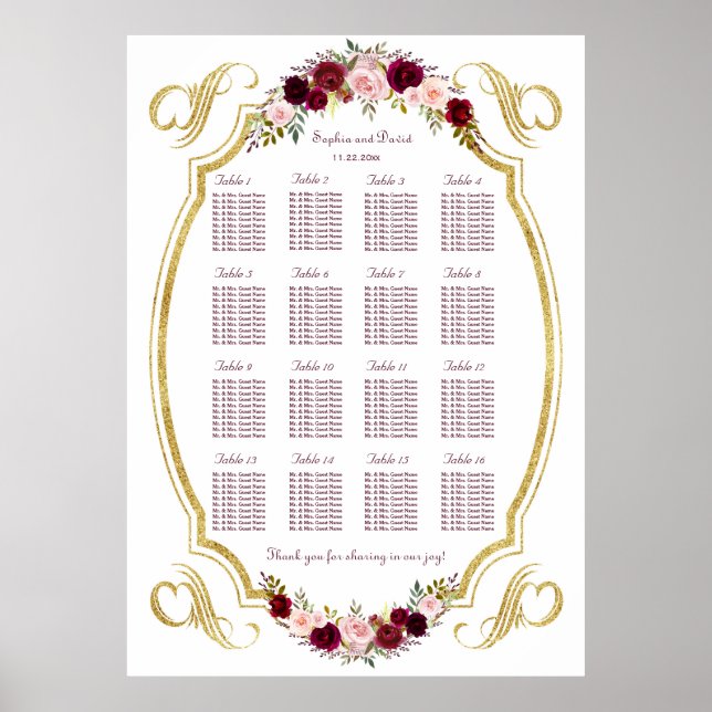 Elegantes Burgundy Marsala Floral Fall Seating Cha Poster (Vorne)
