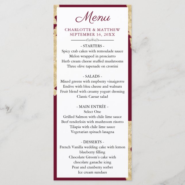 Elegantes Burgundy Marsala & Gold Wedding Menü Menükarte (Vorderseite)