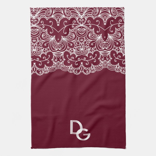 Elegantes Burgundy mit White Lace Initials Geschirrtuch (Vertikal)