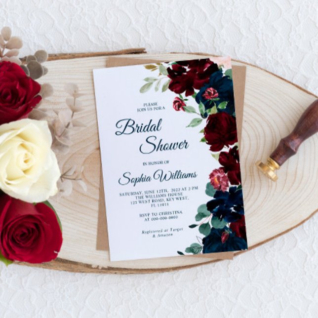 Elegantes Burgundy & Navy Blue Flowers Brautparty Einladung (Von Creator hochgeladen)