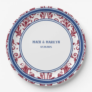 Elegantes Burgundy Navy Floral Damask Hochzeitsess Pappteller