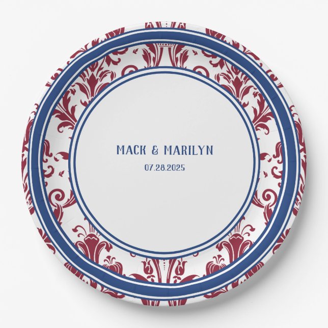 Elegantes Burgundy Navy Floral Damask Hochzeitsess Pappteller (Vorderseite)
