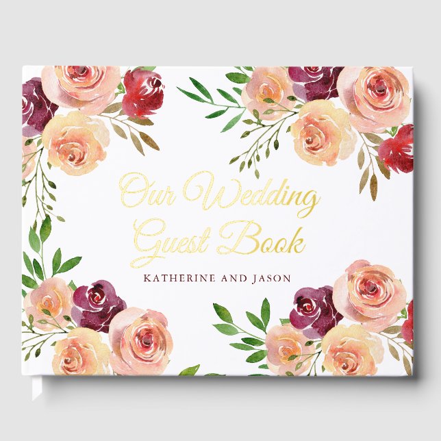 Elegantes Burgundy Peach Floral Wedding Gold Foil Gästebuch (Vorderseite)