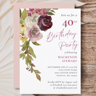 Elegantes Burgundy Pink Floral 40. Geburtstag Part Einladung