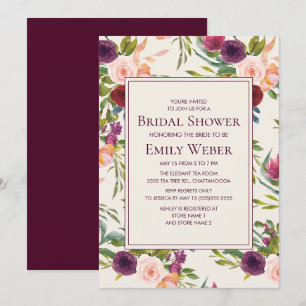 Elegantes Burgundy Pink Floral Brautparty Einladung