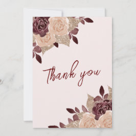 Elegantes Burgundy Pink Glitzer Floral Wedding Fot Dankeskarte