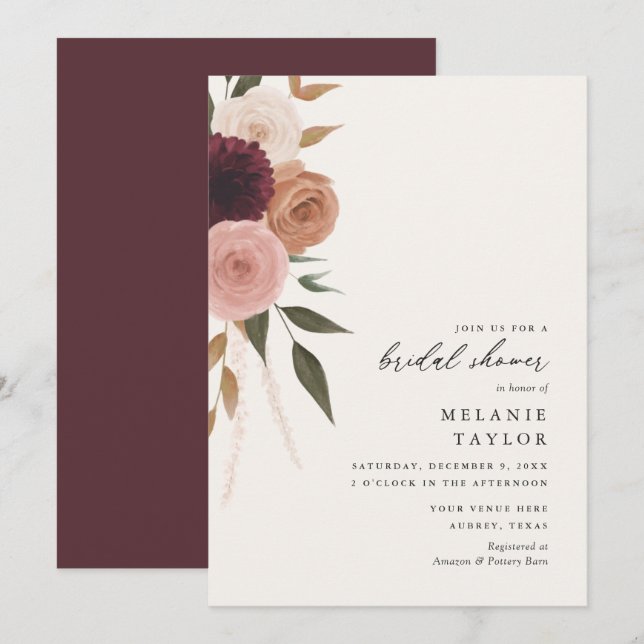 Elegantes Burgundy Plum Floral Brautparty Einladung (Vorne/Hinten)