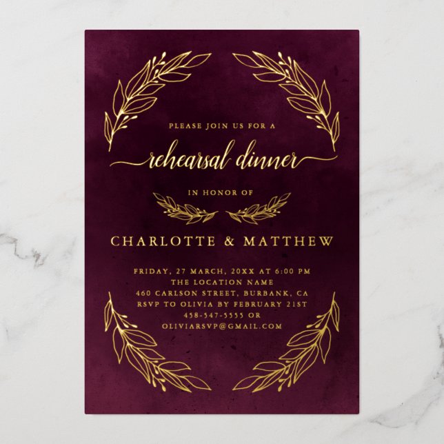 Elegantes Burgundy Probe Dinner Gold Folieneinladung (Vorderseite)