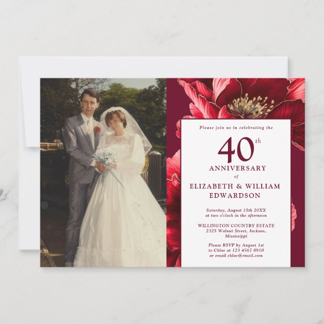 Elegantes Burgundy Red Floral 40-jähriges Foto Einladung (Vorderseite)