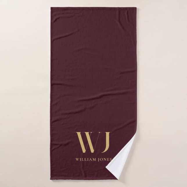 Elegantes Burgundy Red Gold Minimalistisch Monogra Badhandtuch Set (Badehandtuch)