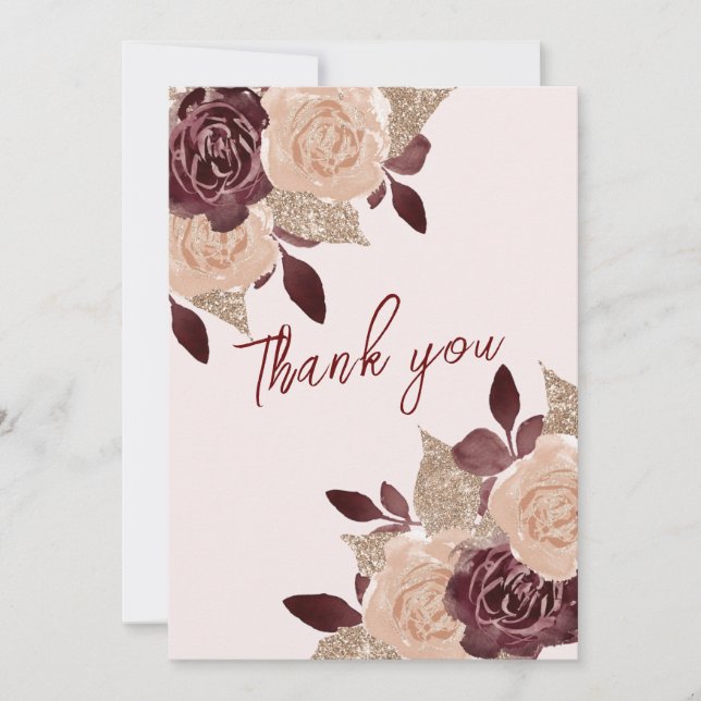 Elegantes Burgundy Rose Gold Glitzer Foto Dankeskarte (Vorderseite)
