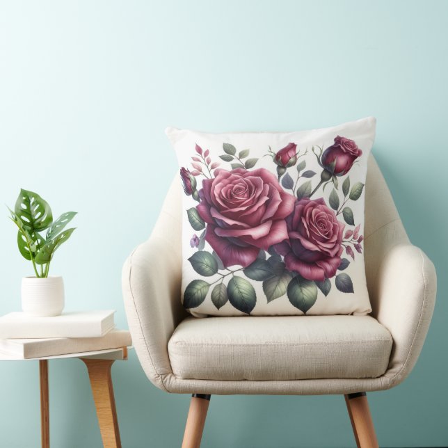 Elegantes Burgundy Rose Wasserfarben-Kissen Kissen (Stuhl )