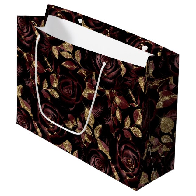 Elegantes Burgundy Rot und Gold Rose Blumenmuster Große Geschenktüte (Vorderseite Schrägansicht)