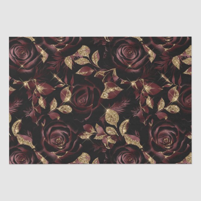 Elegantes Burgundy Rot und Gold Rose Blumenmuster Seidenpapier (Vorderseite)
