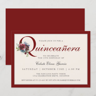 Elegantes Burgundy und Blue Floral Quinceanera Par Einladung