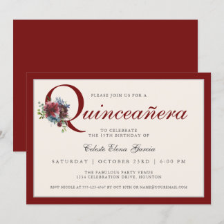 Elegantes Burgundy und Blue Floral Quinceanera Par Einladung