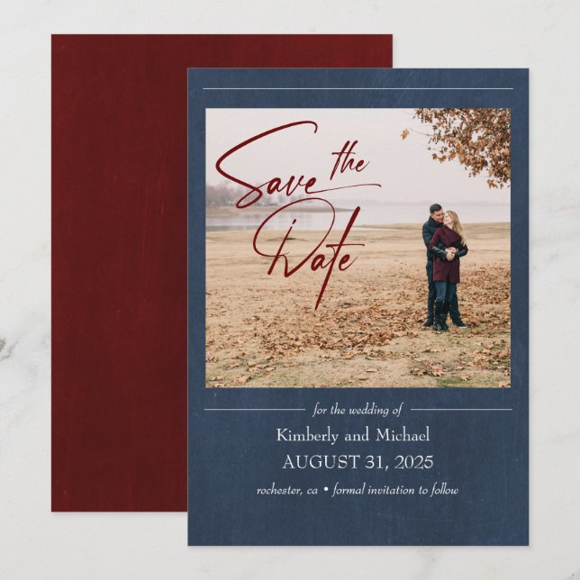 Elegantes Burgundy und Navy Blue Save the Date Fot (Vorne/Hinten)