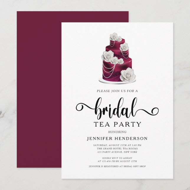Elegantes Burgundy Wedding Cake Bridal Party Einladung (Vorne/Hinten)