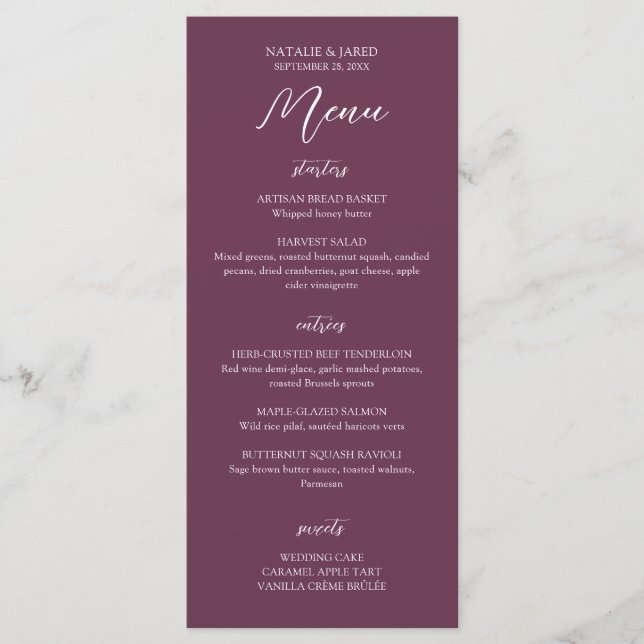 Elegantes Burgundy Wedding Menu Menükarte (Vorderseite)