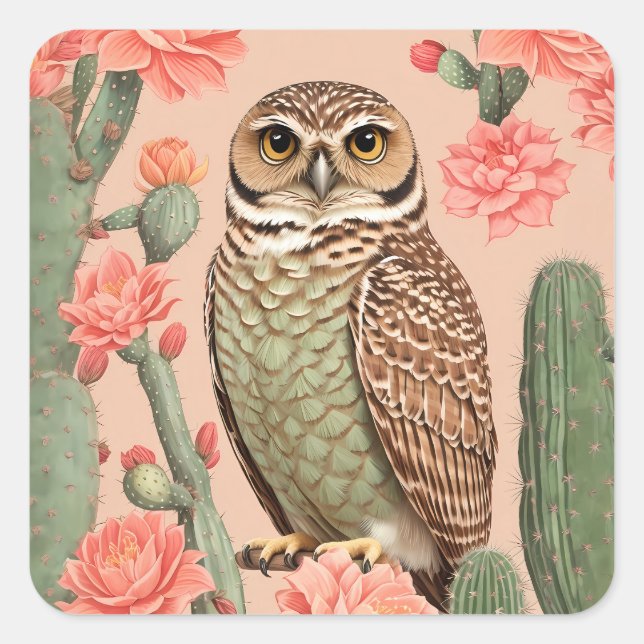 Elegantes Burrowing Owl und Kakteen Quadratischer Aufkleber (Vorderseite)