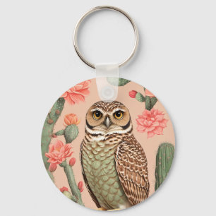 Elegantes Burrowing Owl und Kakteen Schlüsselanhänger