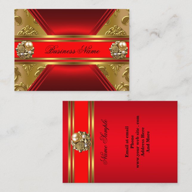 Elegantes Business Red Gold Damask Jewel 2 Visitenkarte (Vorne/Hinten)