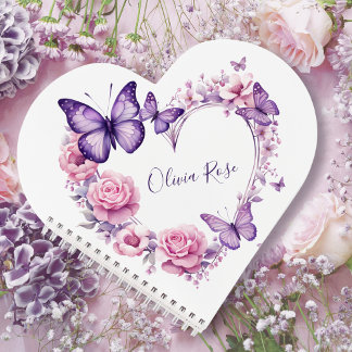 Elegantes Butterfly Blumenherz Personalisiert Notizbuch