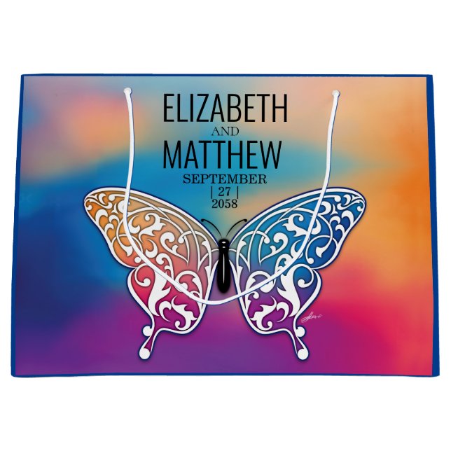 Elegantes Butterfly-Design und farbenfrohe Sonnenu Große Geschenktüte (Vorderseite)