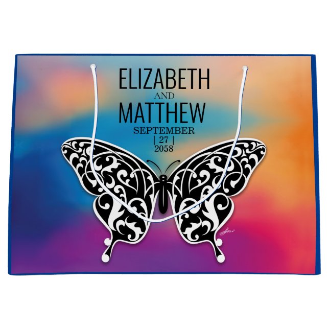 Elegantes Butterfly-Design und farbenfrohe Sonnenu Große Geschenktüte (Vorderseite)