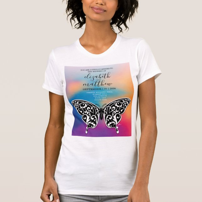 Elegantes Butterfly- und Sunset Invitation Design T-Shirt (Vorderseite)