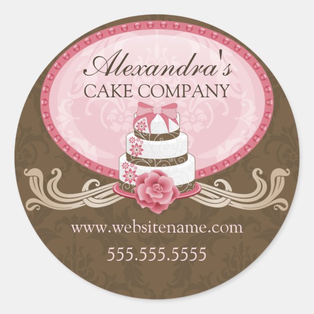 Elegantes Cake Pink Brown Bäckerei Box Siegel Runder Aufkleber (Vorderseite)