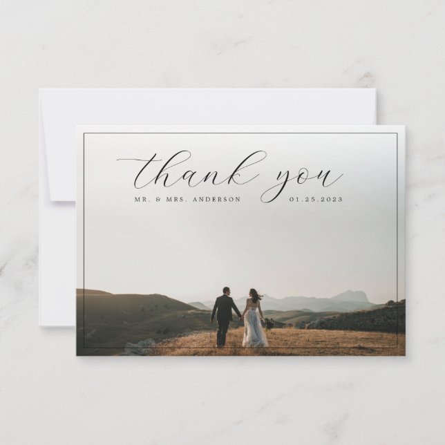 Elegantes Calligrafy Border Foto Soft Gray Wedding Dankeskarte (Vorderseite)