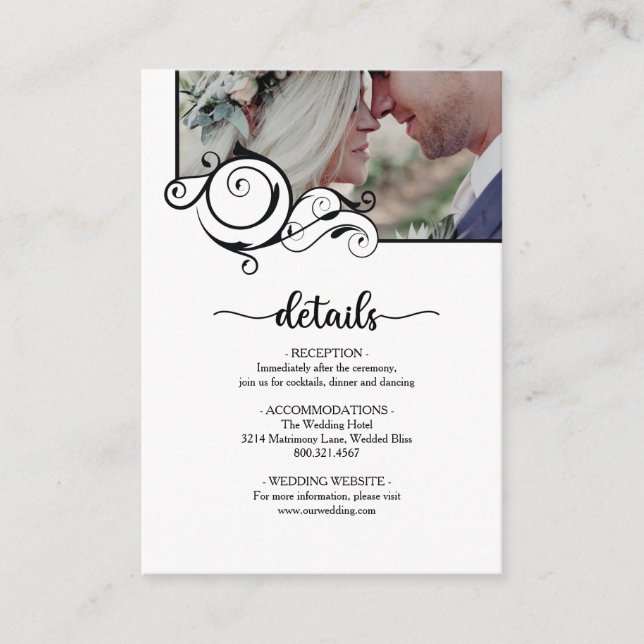 Elegantes Calligrafy Foto Details Hochzeit Begleitkarte (Vorderseite)