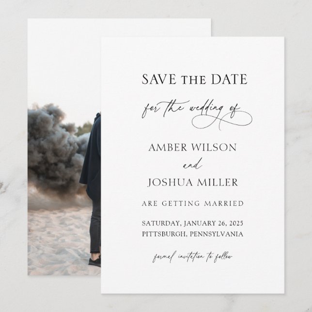 Elegantes Calligrafy Foto Hochzeit speichern Sie d Einladung (Vorne/Hinten)