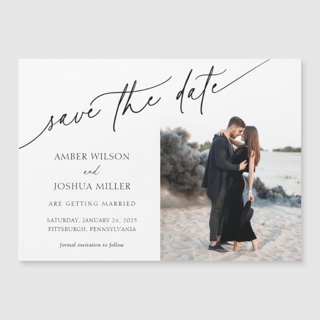 Elegantes Calligrafy Foto Hochzeit Speichern Sie d Magnetkarte (Vorderseite)